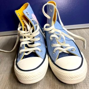 Blue Converse All Stars with Pink Logo and Yellow Inner Lining